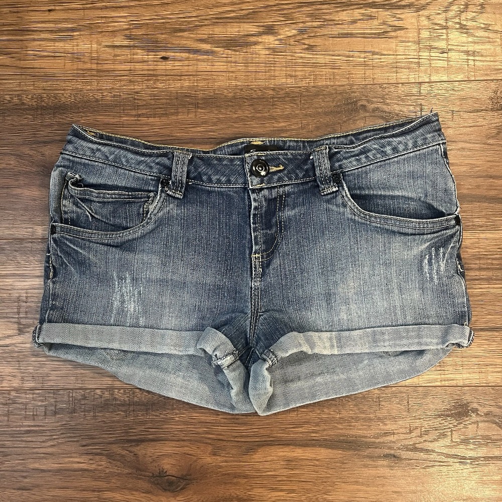 Sirens Blue Y2K Low Rise Jean Micro Mini Shorts Size‎ 11 Cuffed Festival Summer